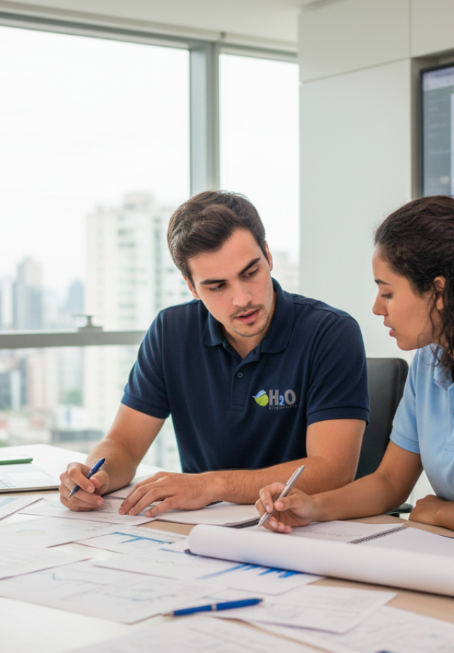 engenheiro ambiental e engenheira ambiental discutindo um projeto de saneamento básico