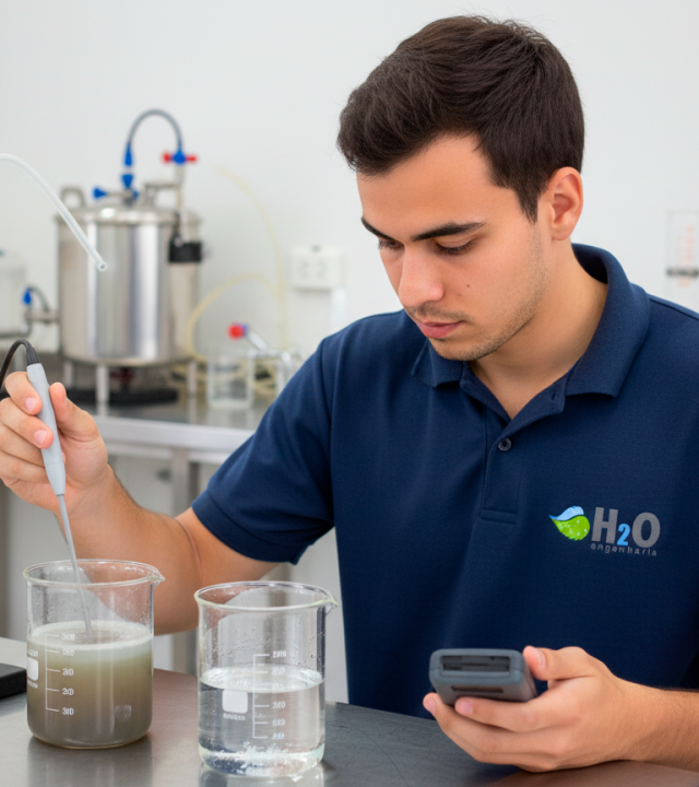 engenheiro ambiental fazendo testes na água que recente coletou do cliente da empresa