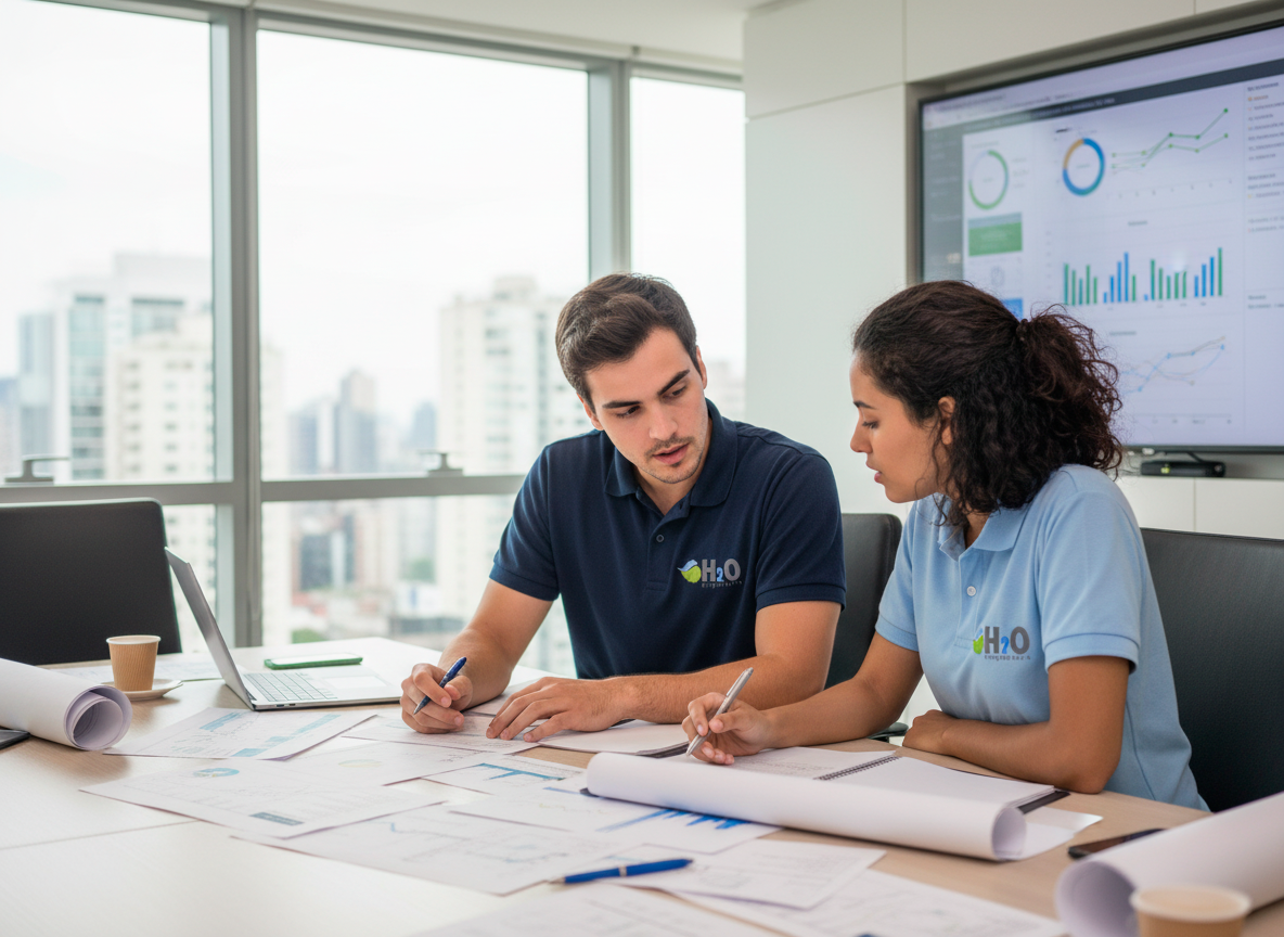 engenheiro ambiental e engenheira ambiental discutindo um projeto de saneamento básico